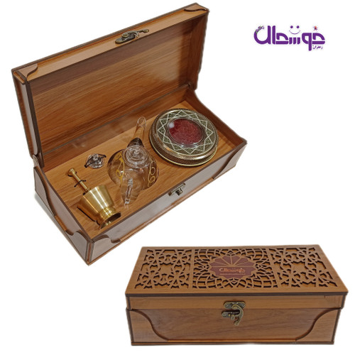 پک کادویی زعفران (زعفران سرگل اعلاء یک مثقال با جعبه چوبی رنگ گردویی + قوری + هاون نقلی)
