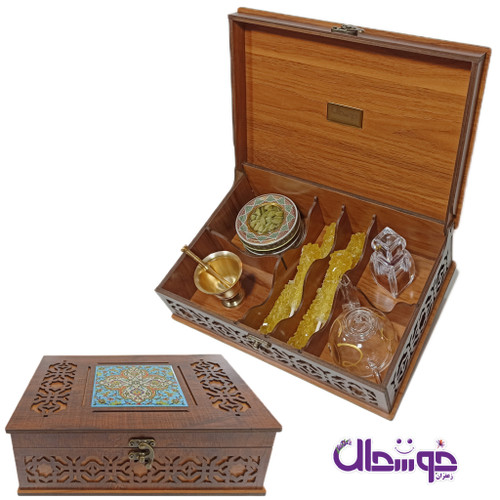 پک کادویی زعفران (پک کامل زعفران سرگل کادویی با ظرف آذین مدل کاشی فیروزه ای)