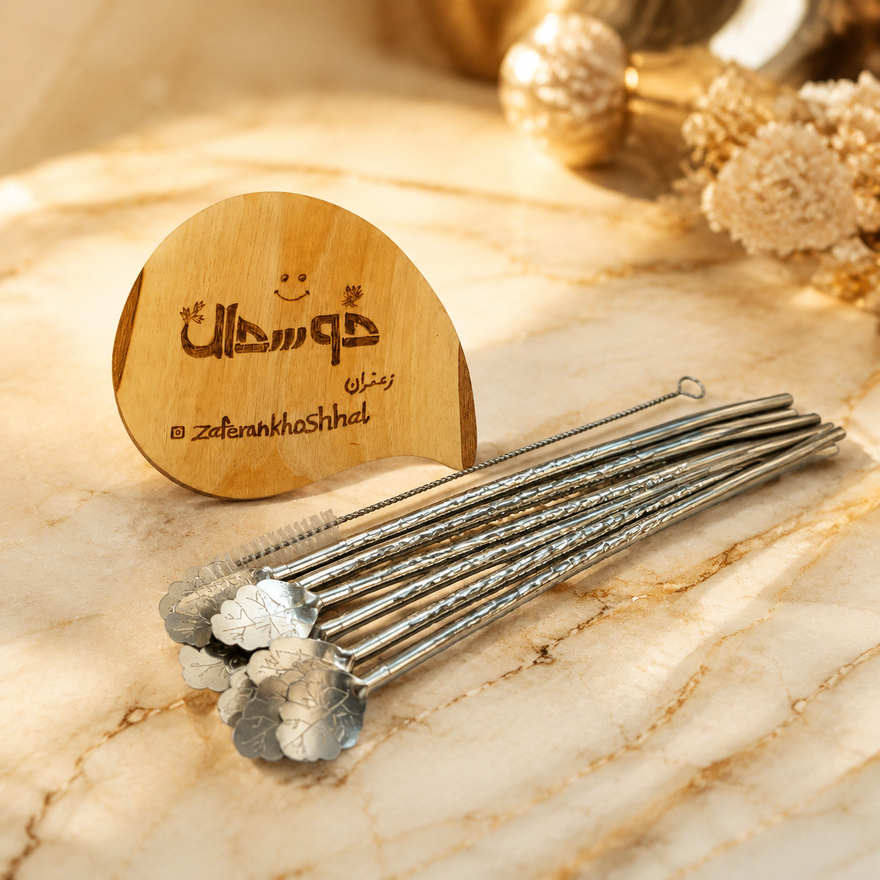 نی شربت نقره ایی برگ 6 عددی + نی شور