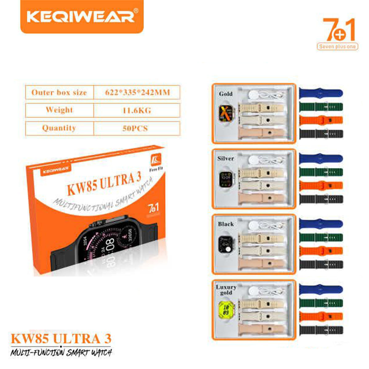 ساعت هوشمند کیوکر مدل KEQIWEAR KW85 ultra3 هفت بند